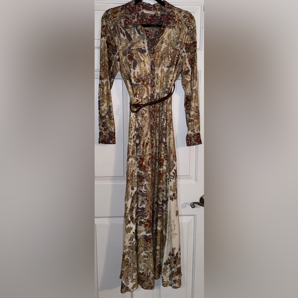 Soft Surroundings Mekness Shirt Dress Floral Metallic Maxi Long Sleeve Medium